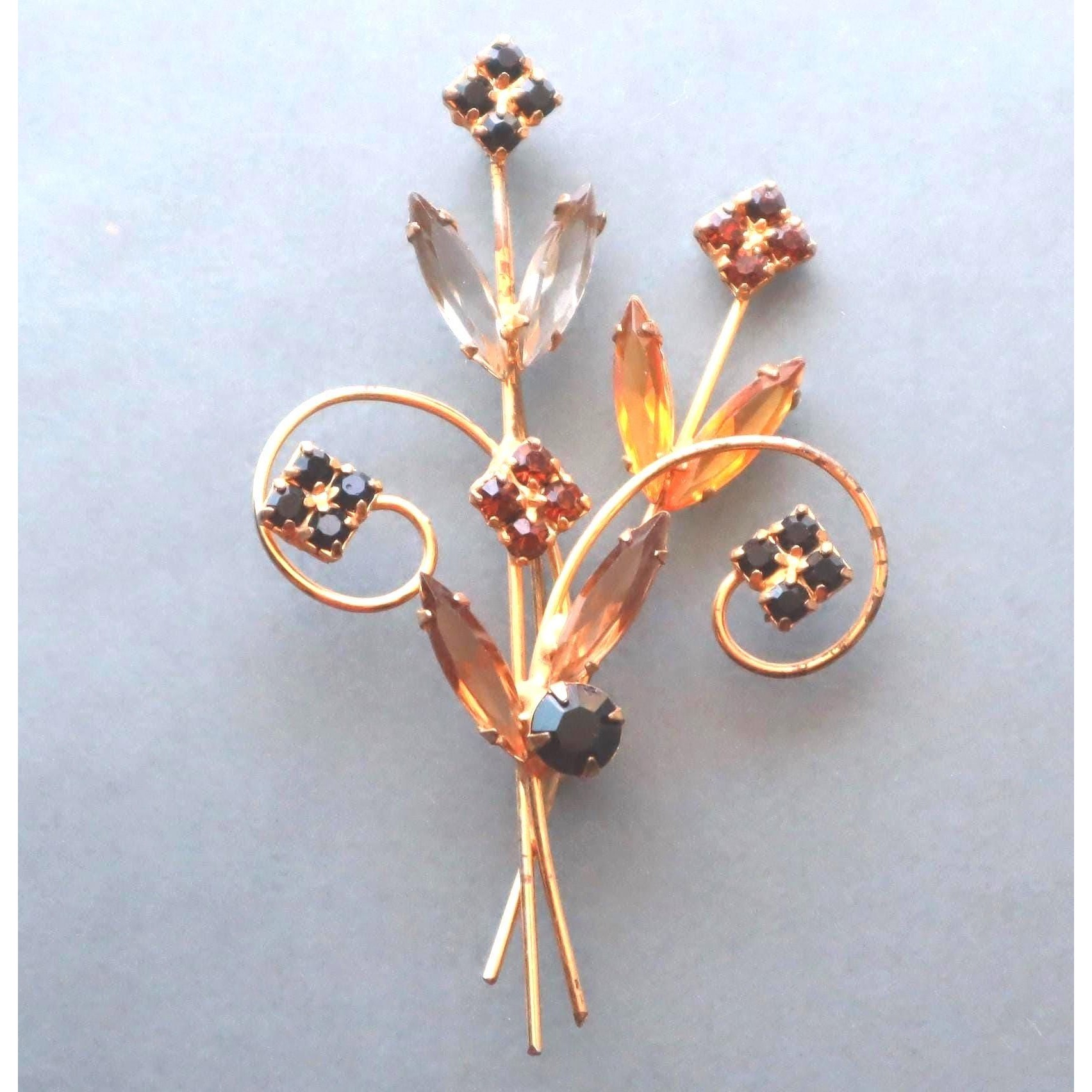 Vintage Juliana Style Orange Gray Black Rhinestone Flower Brooch 35$